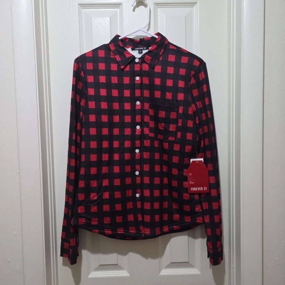 NWT Forever 21 Women’s XL Red Black Buffalo Plaid Sherpa Lined Button-Up Shacket